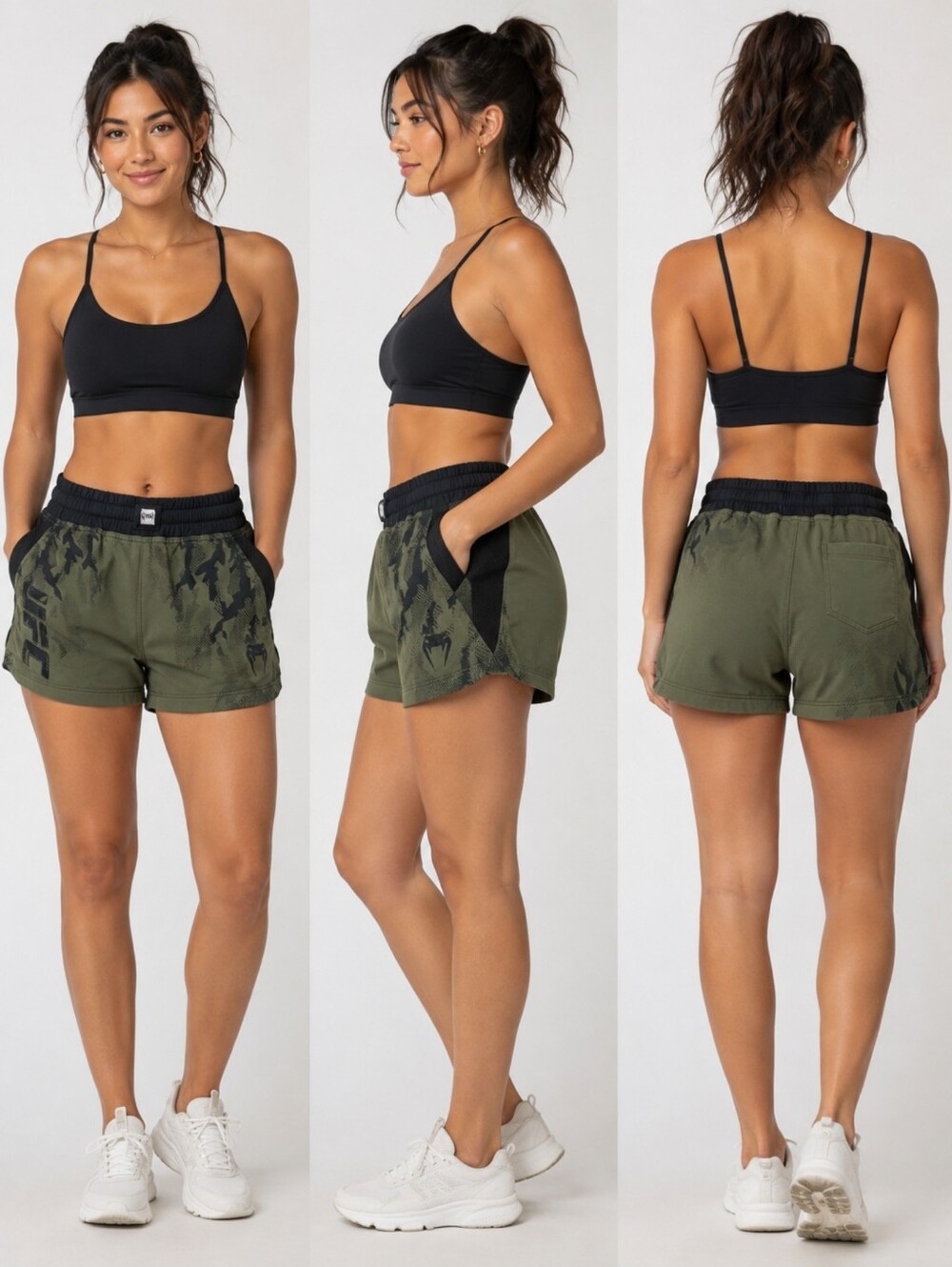 UFC Venum Women’s Camo Training Shorts Olive Green Black Athletic Fight Gym Sml